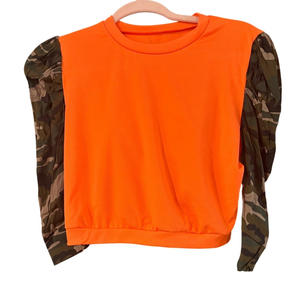 Neon Orange Camo Puff Sleeve Top Military Style Long Sleeve Small - Picture 2 of 6